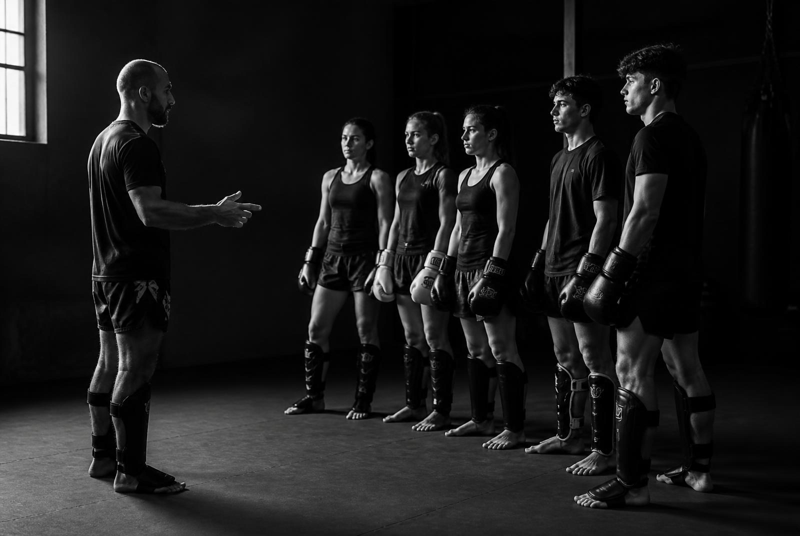 Coach instructing a line of young kickboxing athletes